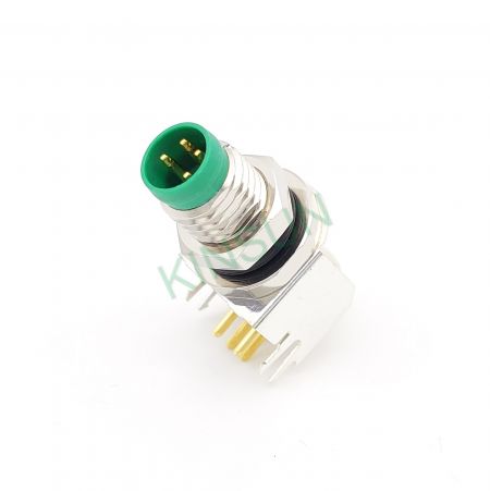 موصل الزاوية اليمنى M8 - The picture shows 90° M8 male 4Pin connector with both snap-in and screw locking function. The green color signify IP68 protection.